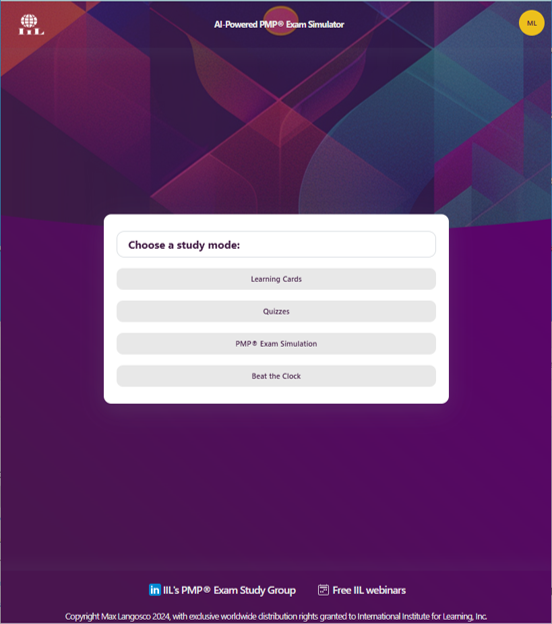 Menu Page - AI-Powered PMP® Exam Simulator